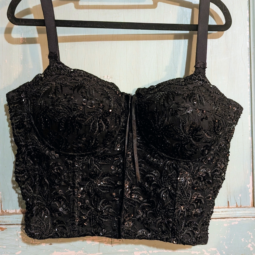 Vintage Elegant Black Sequin Lace Bustier With Zipper